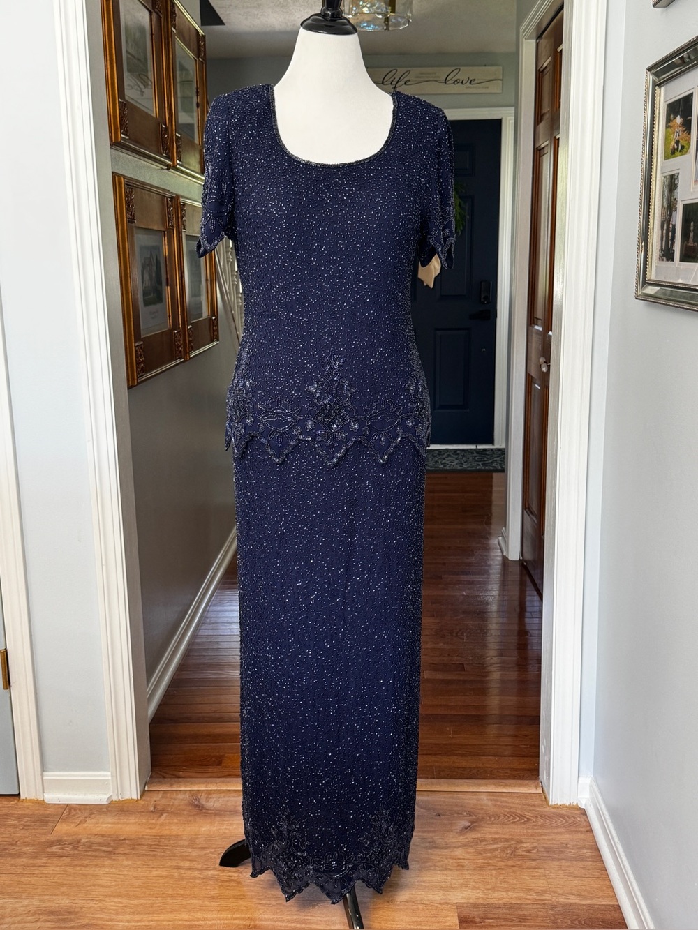 Laurence Kazar navy Blue Beaded Formal Dress Short Sleeve XL Wedding MOG MOB VTG